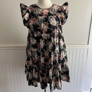 Sofie the Label Tiered Mini Dress Ruffle Sleeve Eyelet Blk Pink Floral Cotton L
